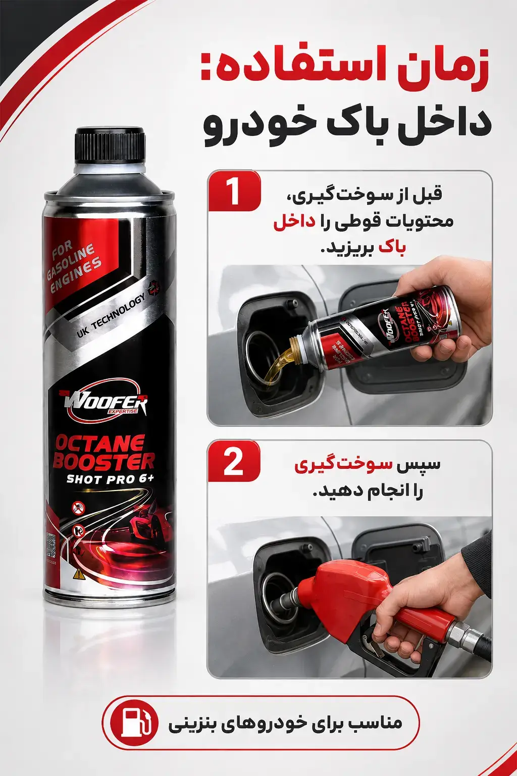 نحوه استفاده از اکتان بوستر ووفر Shot Pro 6 داخل باک خودرو